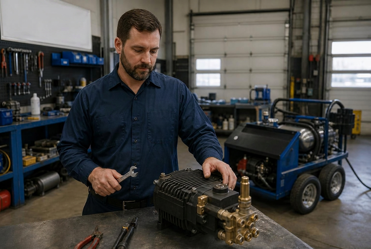 Republic certified service technician working on a pressure washer pump in the shop