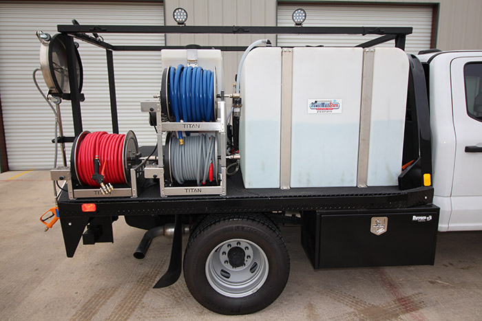 Titan Dual-Reel Truck Bed — custom pressure washing rig built by Republic Pressure Cleaning Equipment in San Antonio